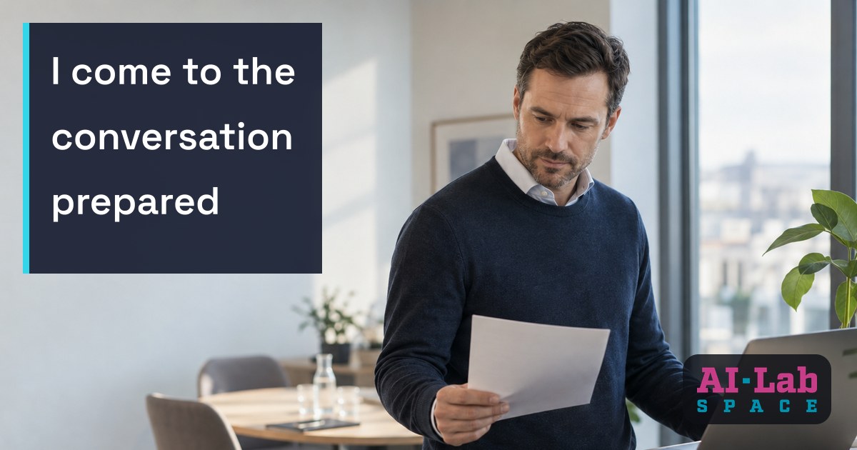 A business owner in a bright office reviewing a document before a conversation with a prospective client