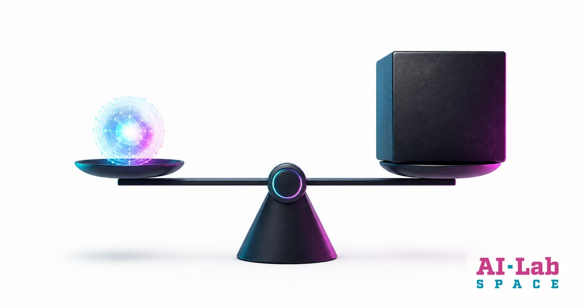 Abstrakti svari, uz kuriem mazs, mirdzošs AI mezgls līdzsvaro lielu un smagu objektu